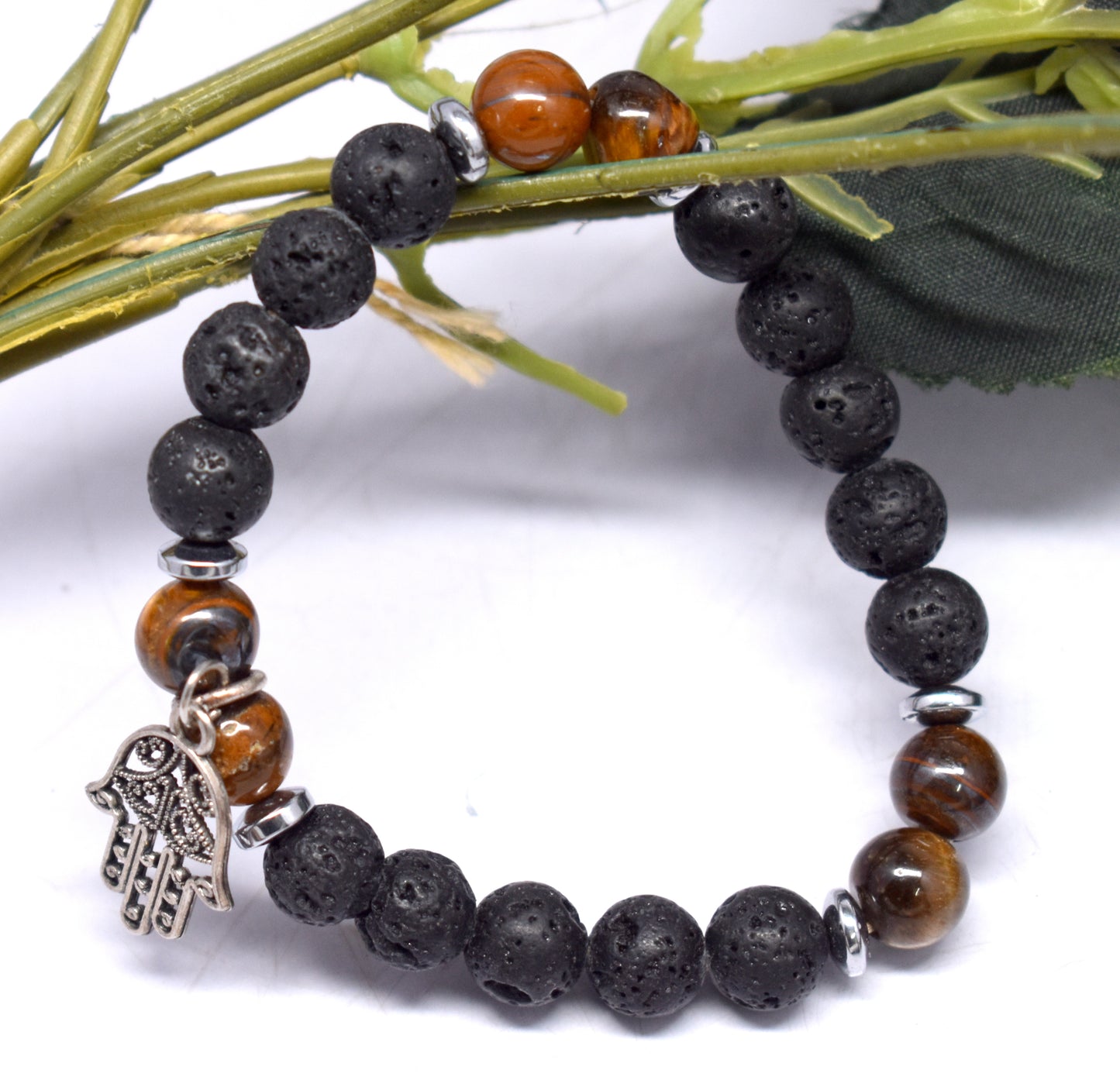 Lava Stone And Tiger Eye Bead Adjustable Bracelet