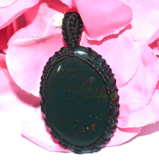 Bloodstone Cabochon Macrame {Thread} Pendant - {Weight-11.98 Gram}