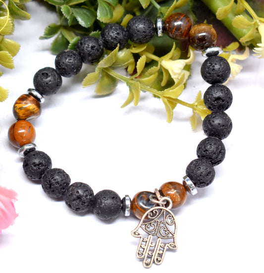 Lava Stone And Tiger Eye Bead Adjustable Bracelet