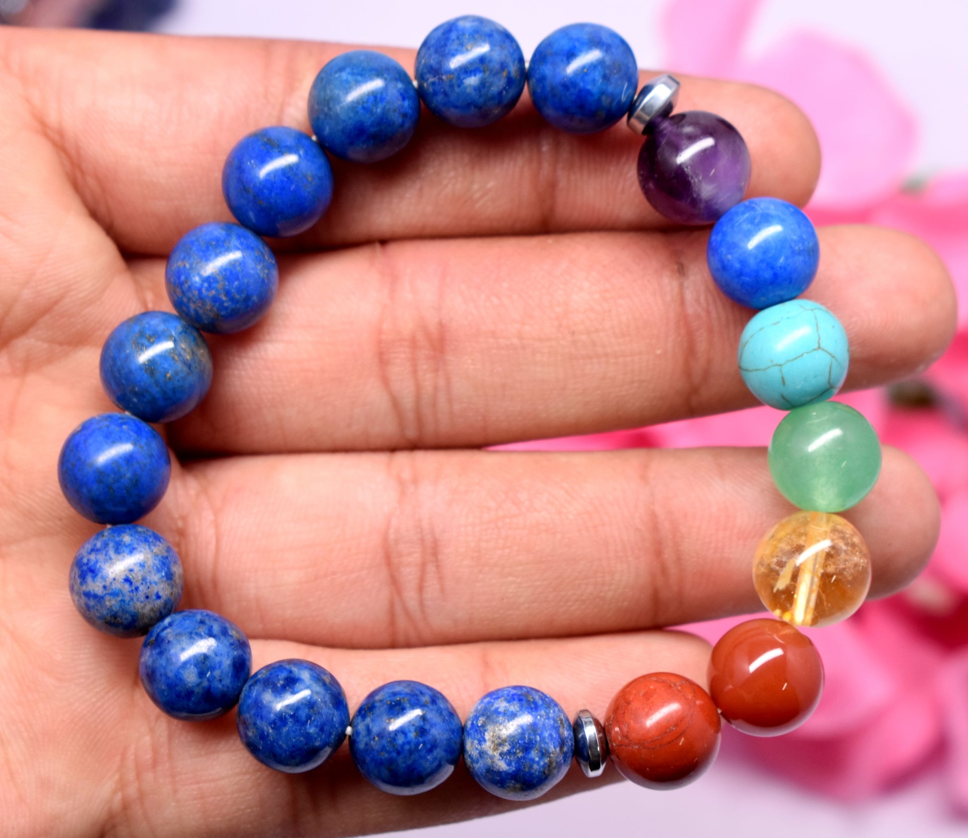 Lapis Lazuli with 7 Chakra Bracelet – Aligns Energy, Enhances Wisdom, and Inner Harmony #LapisLazuli #7Chakra #EnergyAlignment #Wisdom #InnerHarmony #CrystalBracelet